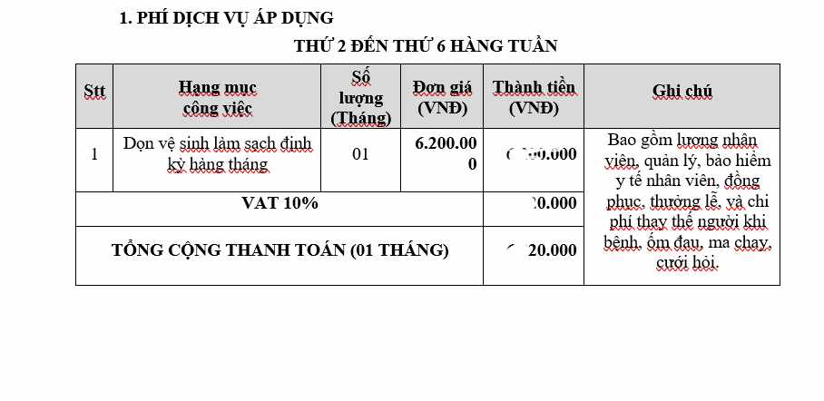 Bảng giá tạp vụ